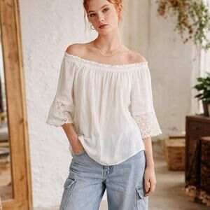 Chelsea & Theodore White Off-Shoulder Lace Sleeve Blouse Size L 100% Cotton